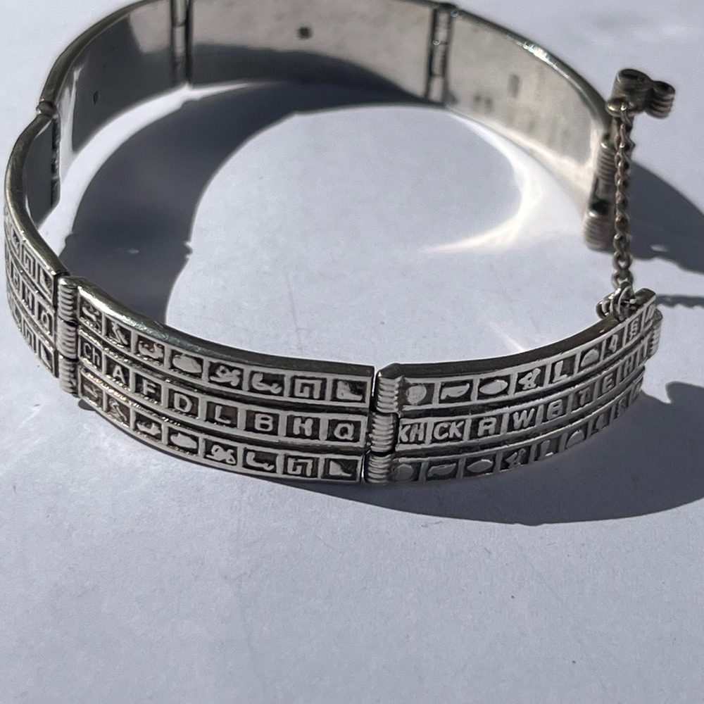 Vintage Sterling Silver Hinged Bangle Bracelet Secret Code Symbol Panel Design